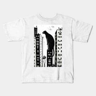 Big City Cat Looking into Peoples Windows Black and White Illustration Kids T-Shirt